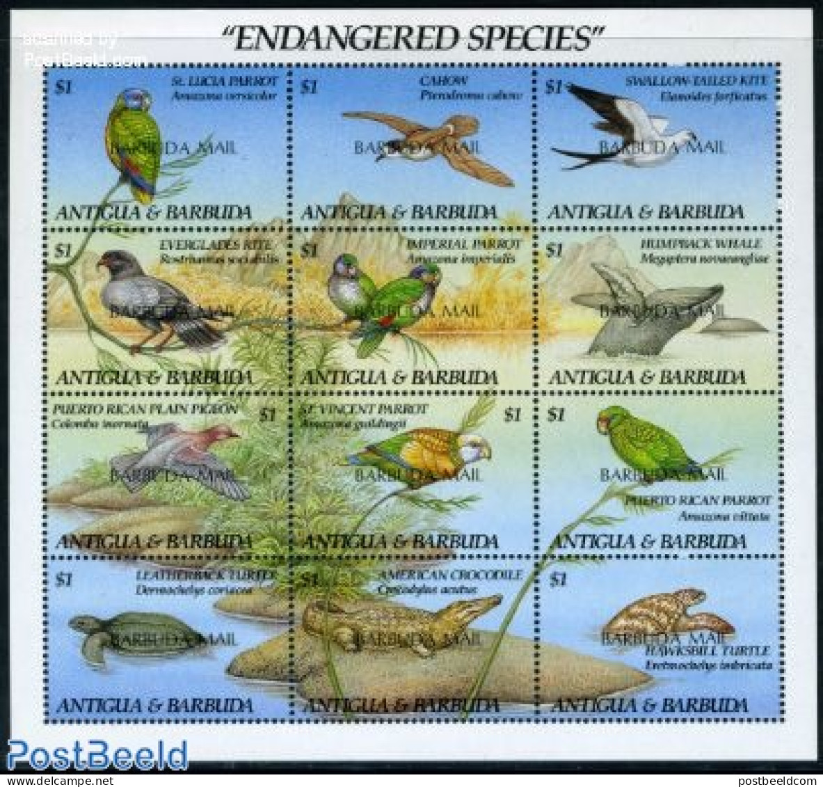 Barbuda 1993 Endangered Species 12v M/s, Mint NH, Nature - Animals (others & Mixed) - Birds - Crocodiles - Reptiles - .. - Barbuda (...-1981)