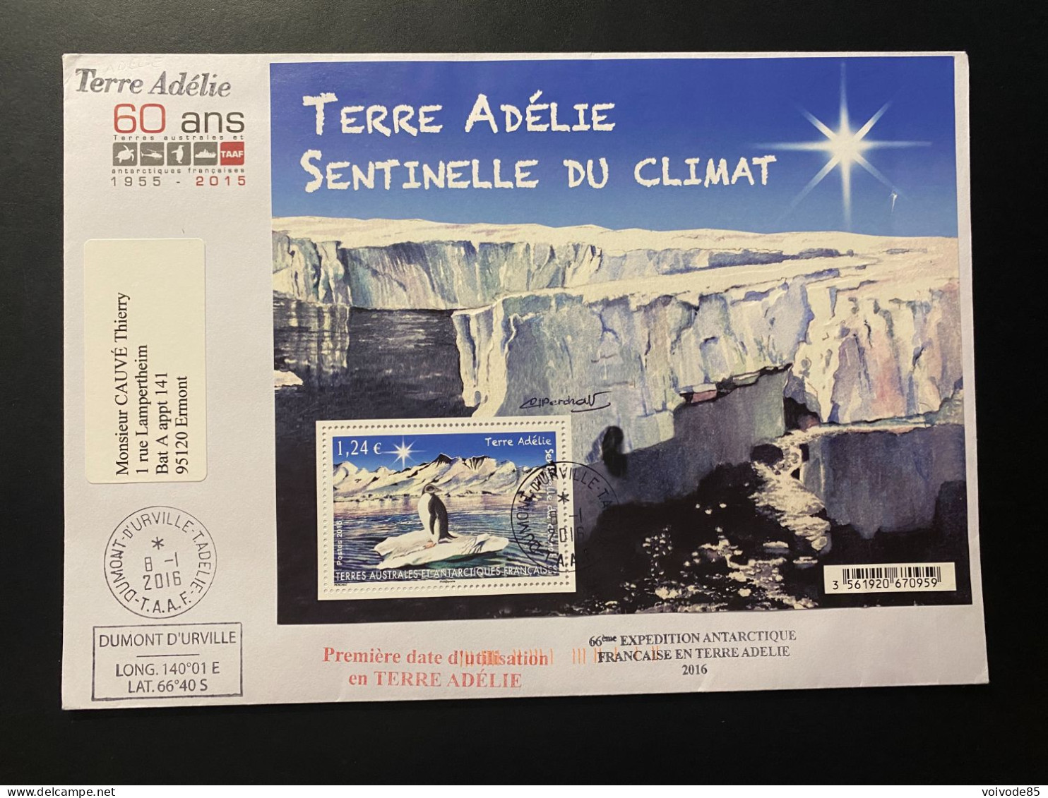 Lettre "Terre Adélie - Sentinelle Du Climat" 08/01/2016 - TAAF - Dumont D'Urville - Terre Adélie - Covers & Documents