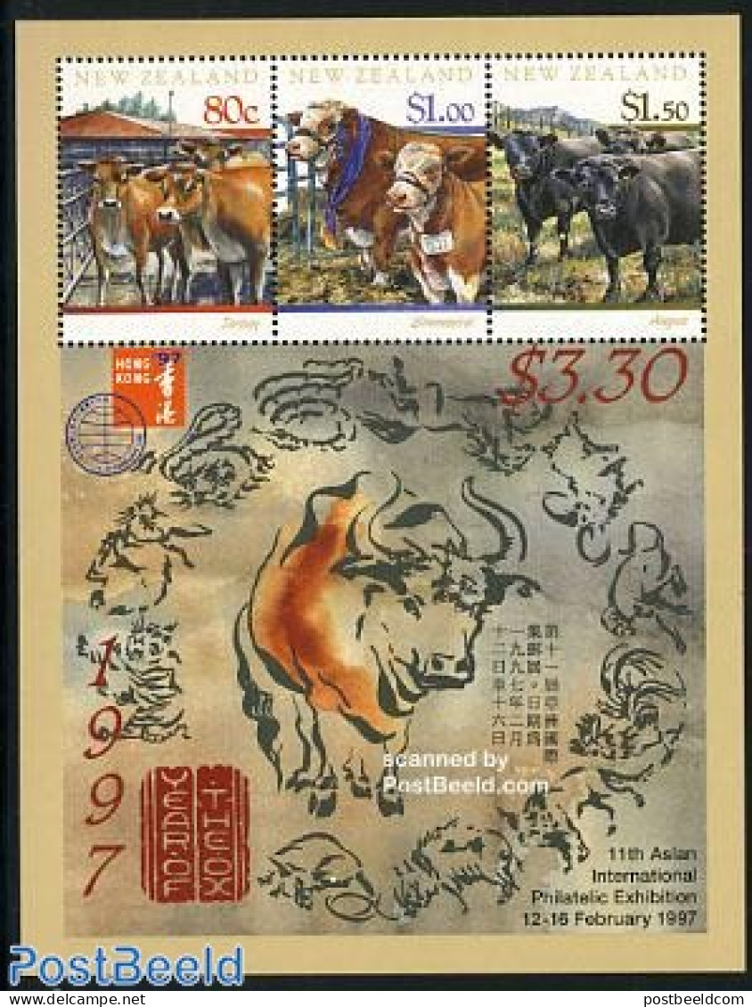 New Zealand 1997 Hong Kong 97 S/s, Mint NH, Nature - Various - Cattle - Philately - New Year - Neufs