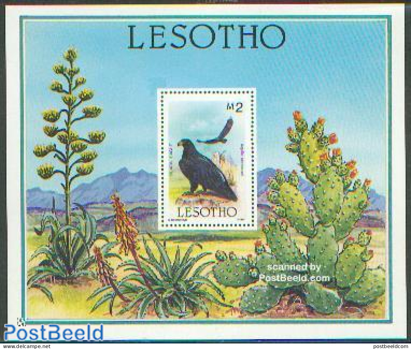 Lesotho 1986 Cactus Flowers S/s, Mint NH, Nature - Birds - Birds Of Prey - Cacti - Cactusses