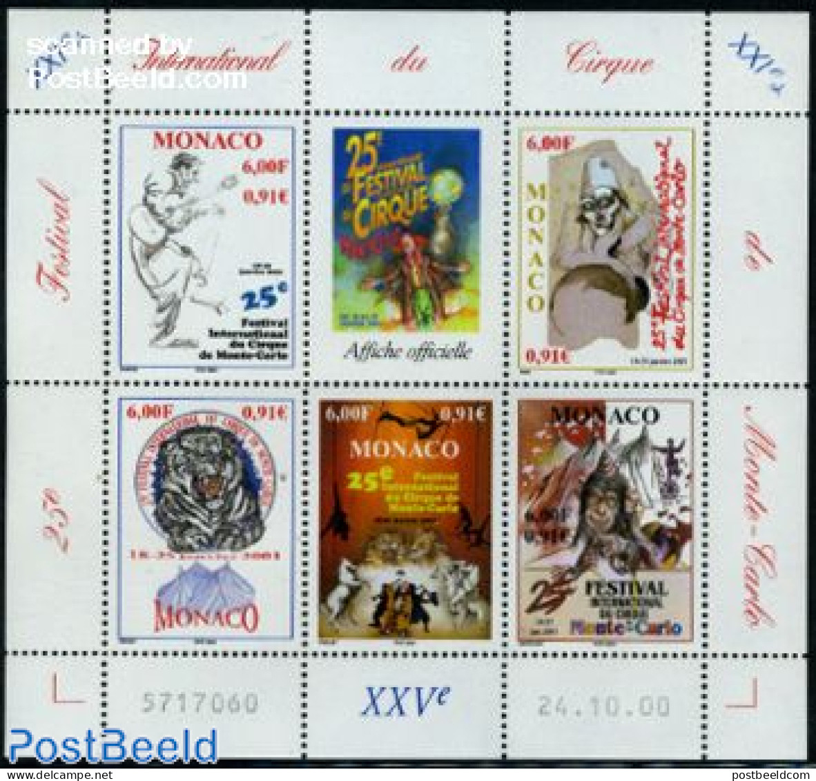 Monaco 2000 Circus Festival S/s, Mint NH, Nature - Performance Art - Cat Family - Horses - Monkeys - Circus - Unused Stamps