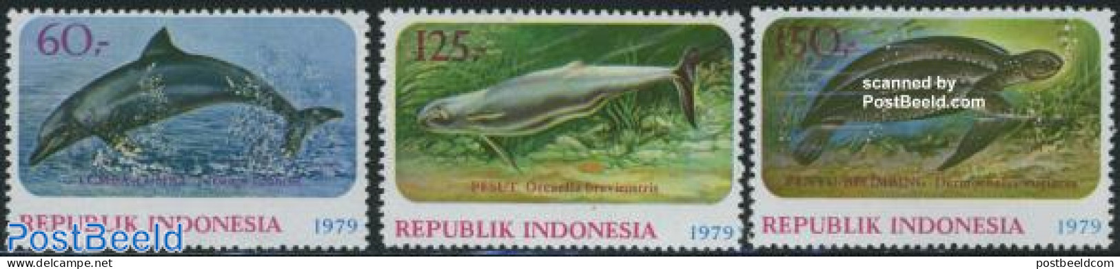 Indonesia 1979 Marine Life 3v, Mint NH, Nature - Reptiles - Sea Mammals - Turtles - Indonesia