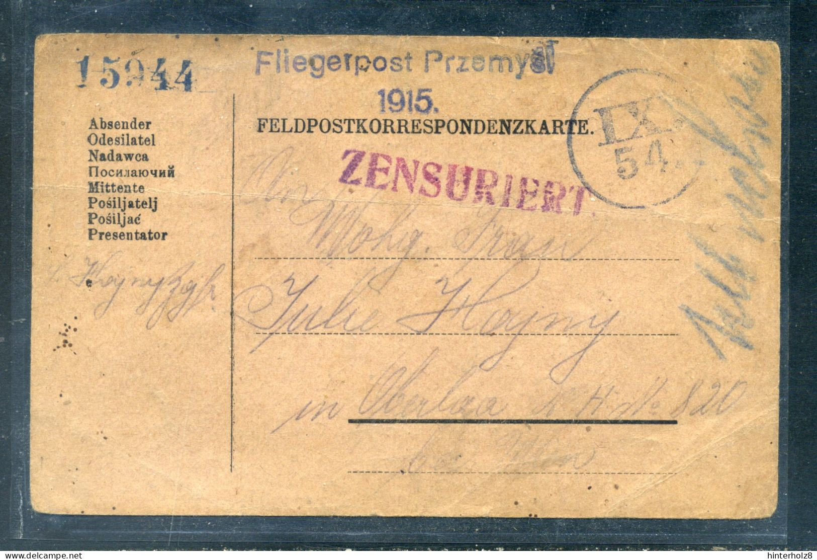 Alt Öst.; Feldpostkarte, Fliegerpost Przemysl 1915 Nach Oberlaa; Zensur ! - Lettres & Documents