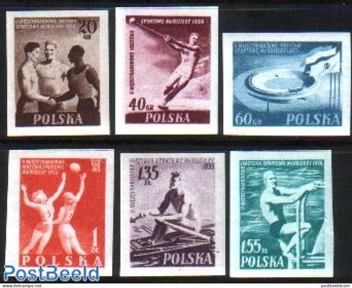 Poland 1955 Sports 6v Imperforated, Mint NH, Sport - Basketball - Kayaks & Rowing - Sport (other And Mixed) - Swimming - Unused Stamps