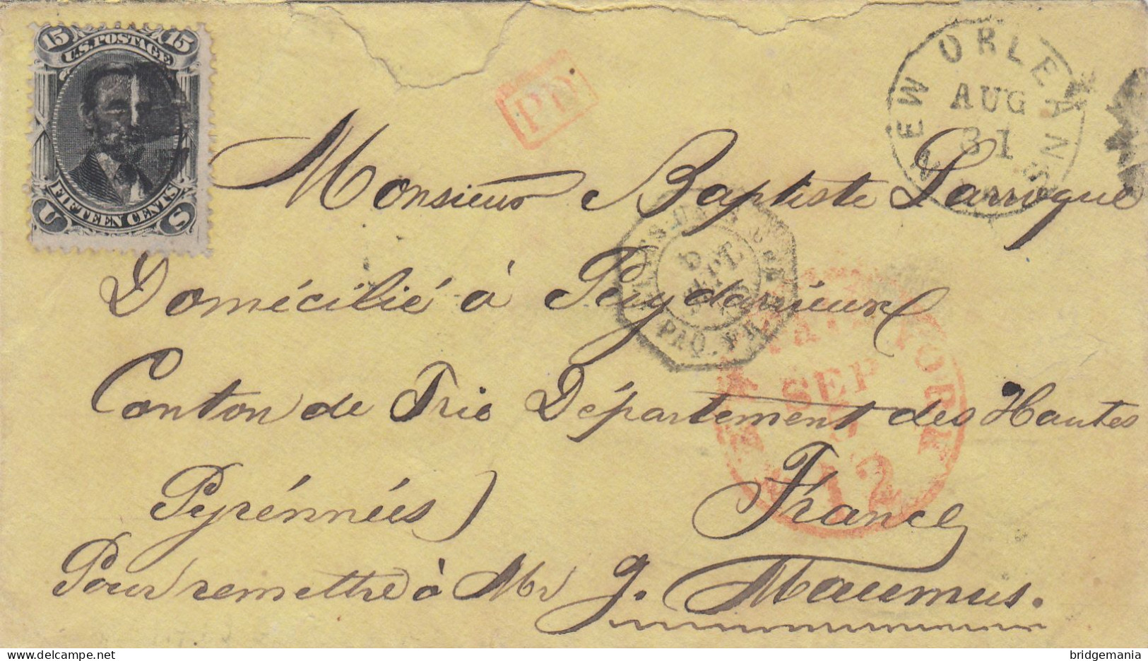 MTM076 - 1868 TRANSATLANTIC LETTER USA TO FRANCE Steamer PEREIRE - PAID - Marcophilie
