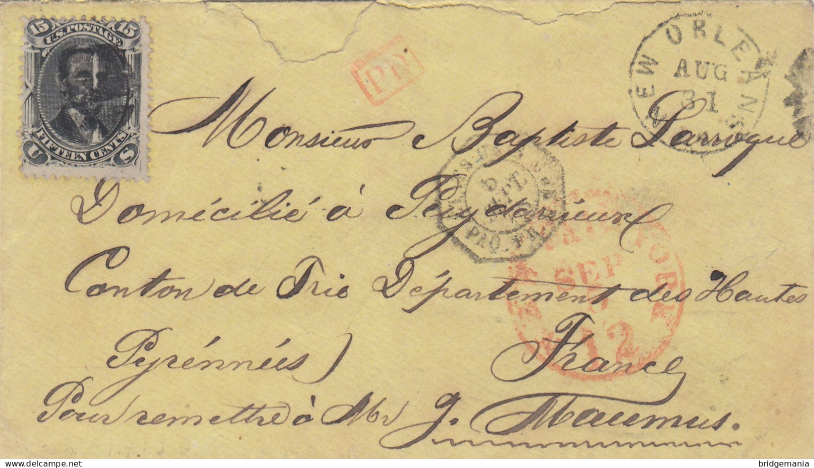 MTM076 - 1868 TRANSATLANTIC LETTER USA TO FRANCE Steamer PEREIRE - PAID - Storia Postale