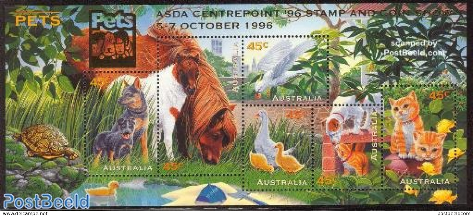 Australia 1996 ASDA Stamp Show S/s, Mint NH, Nature - Animals (others & Mixed) - Birds - Cats - Dogs - Horses - Turtle.. - Neufs