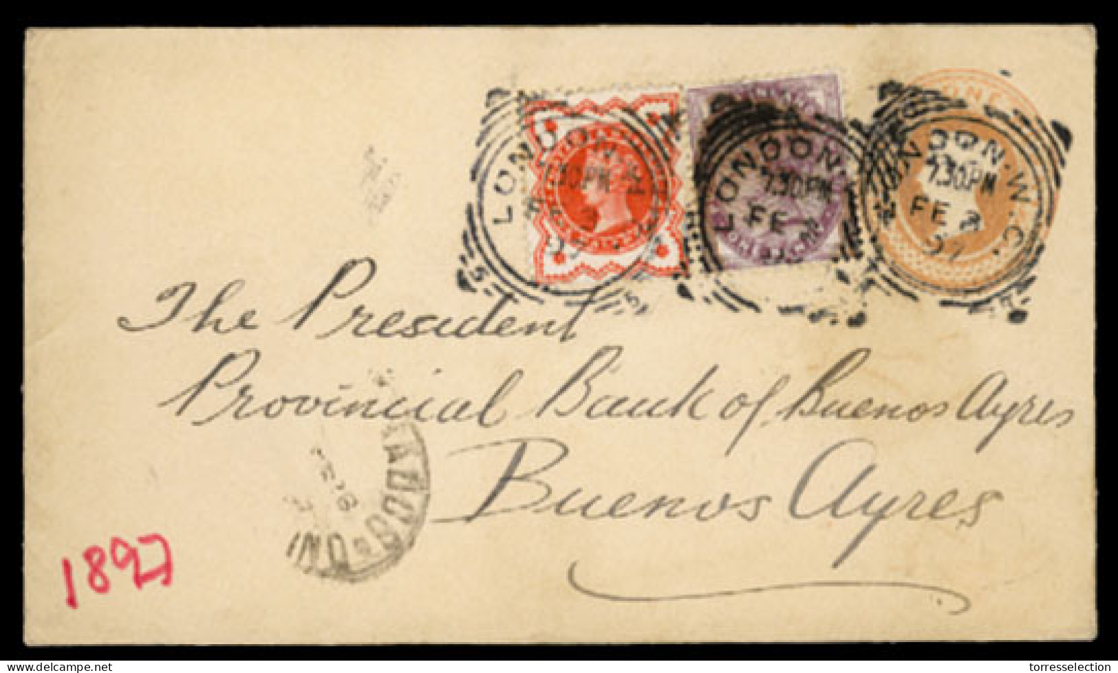 GREAT BRITAIN. 1897(Feb 8th). 1d Pink Stationery Envelope Used To Buenos Aires, ARGENTINA And Up-rated With 1887 ½d Verm - ...-1840 Prephilately