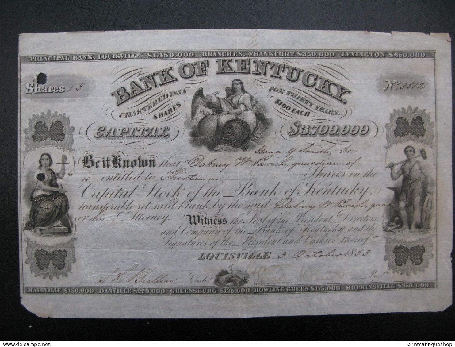 1853 BANK OF KENTUCKY STOCK CERTIFICATE Louisville KY USA,      MARKET PRICE $126! - Banco & Caja De Ahorros