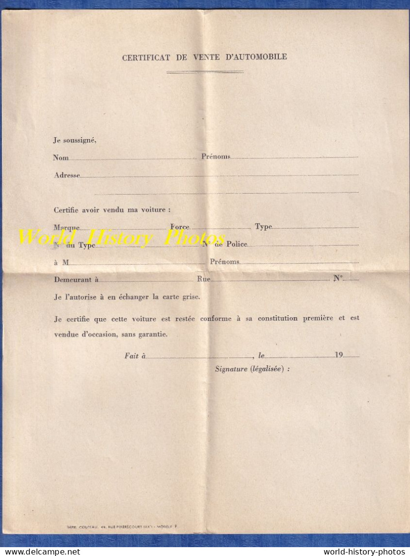 Document Ancien - Certificat De Vente D' Automobile - Imprimerie Couteau Rue Pixérécourt - Auto Voiture - Automobile