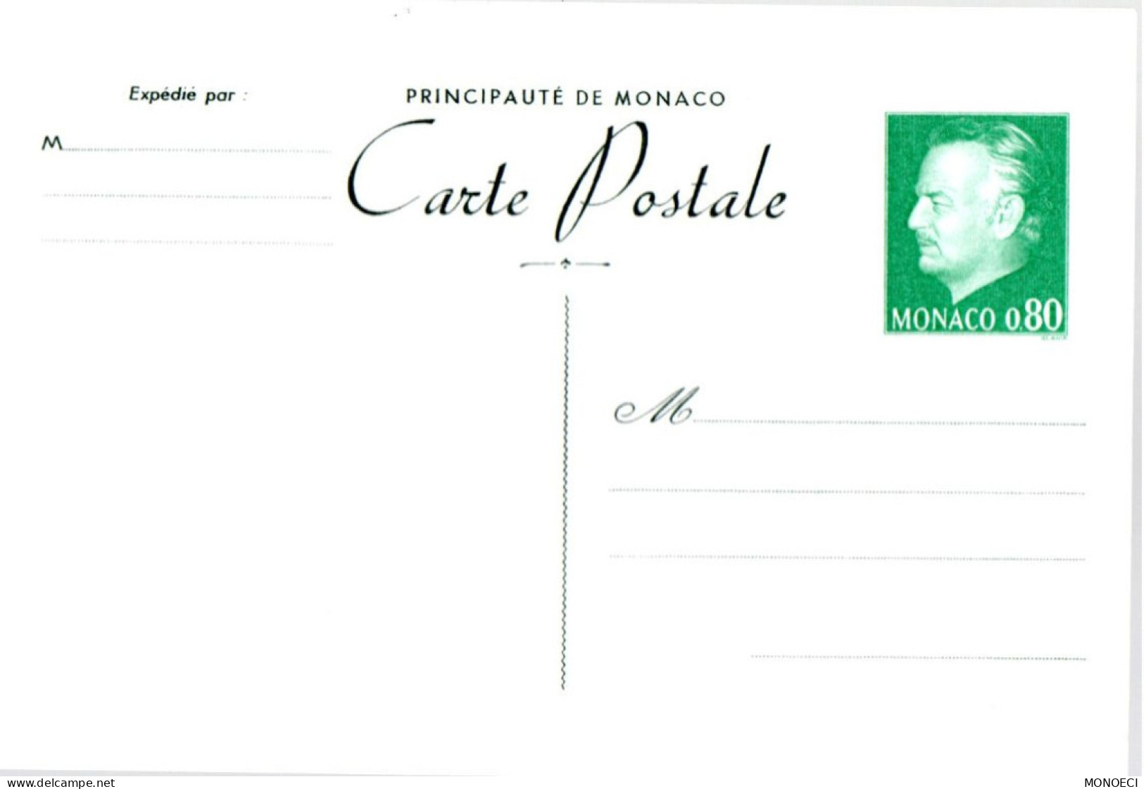 MONACO -- MONTE CARLO -- Monégasque -- ENTIER POSTAL -- CPA -- 0,80 C. Prince Rainier III (1977) - Postal Stationery