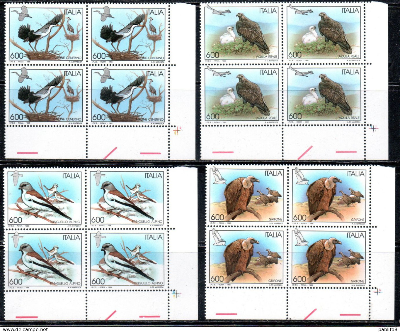 ITALIA REPUBBLICA ITALY REPUBLIC 1995 FAUNA UCCELLI BIRDS SERIE COMPLETA FULL SET QUARTINA ANGOLO DI FOGLIO BLOCK MNH - 1991-00: Neufs