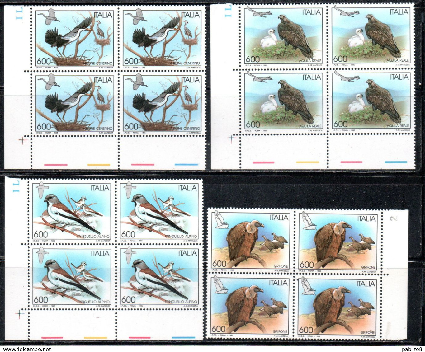 ITALIA REPUBBLICA ITALY REPUBLIC 1995 FAUNA UCCELLI BIRDS SERIE COMPLETA FULL SET QUARTINA BLOCK MNH - 1991-00: Neufs