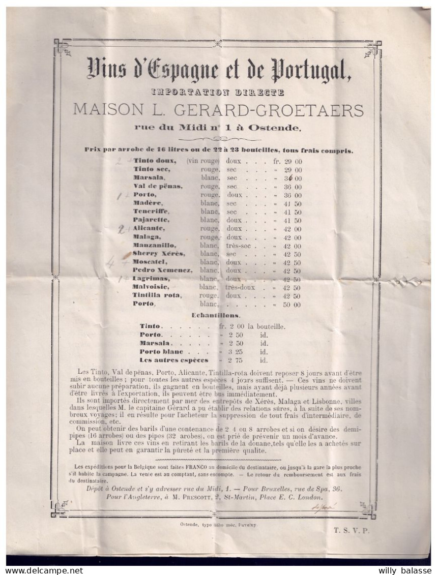 +++ TARIF VINS D'ESPAGNE Et De PORTUGAL - 19e Siècle - Maison Gérard Groetaers - OSTENDE  // - Lebensmittel