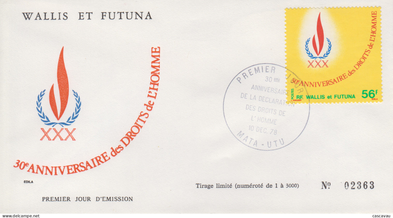 Enveloppe  FDC  1er  Jour   WALLIS  ET  FUTUNA    30éme   Anniversaire    Des    DROITS  DE  L' HOMME    1978 - FDC