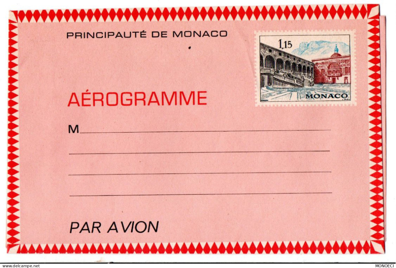 MONACO -- MONTE CARLO -- Monégasque -- ENTIER POSTAL -- Aérogramme -- 1,15 F Cour Du Palais Princier - Entiers Postaux