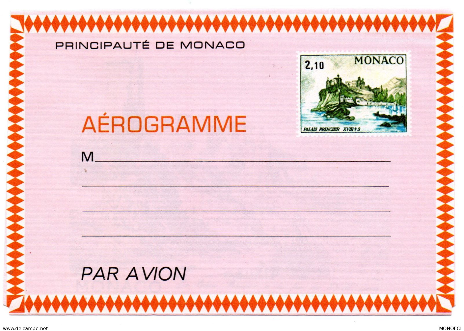 MONACO -- MONTE CARLO -- Monégasque -- ENTIER POSTAL -- Aérogramme -- 2,10 F Palais Princier - Postal Stationery