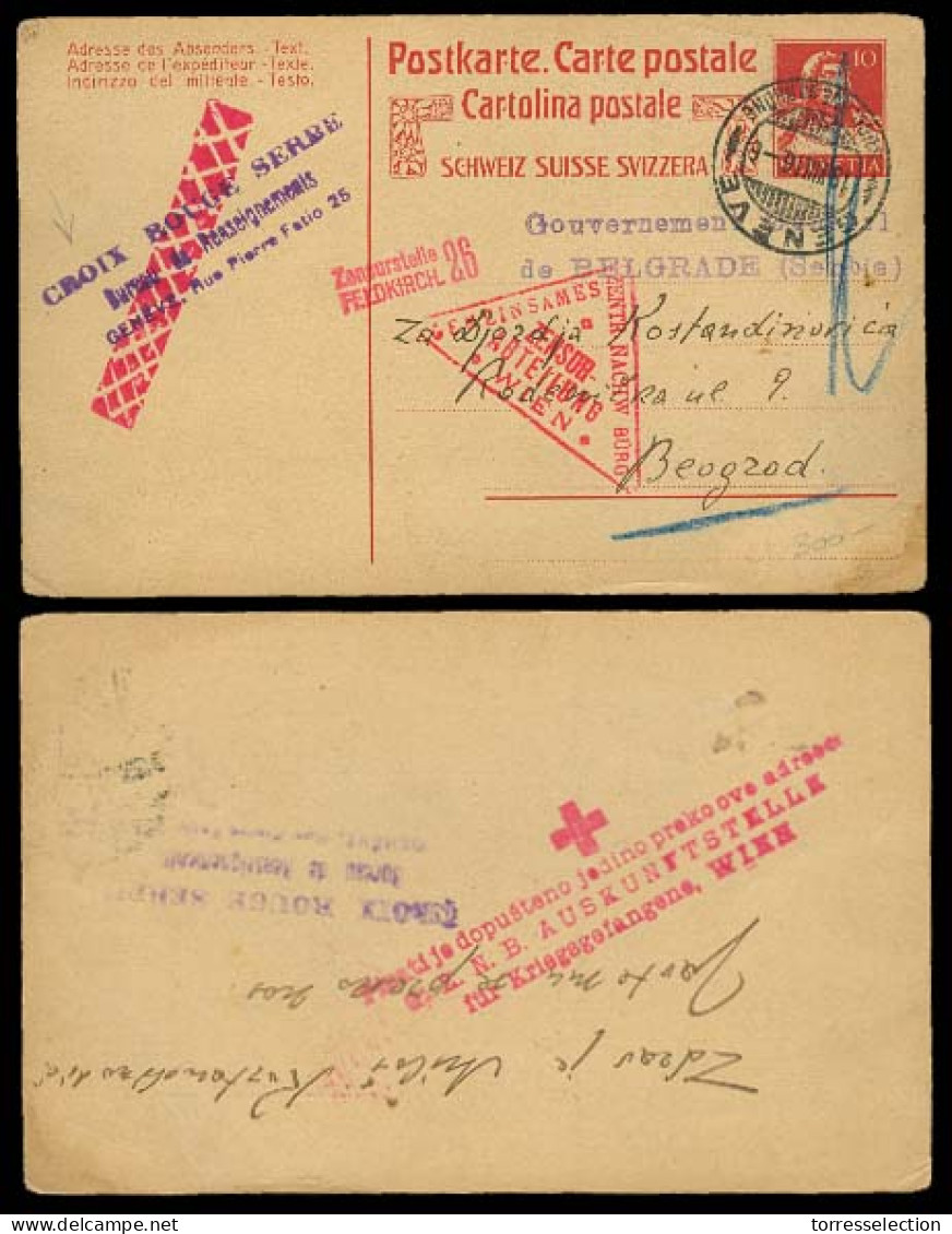 SERBIA. 1916. WWI. Geneve / Switzerland - Belgrade. Swiss Stat. Reply Card / Pmk RED CROSS SERBE + Austrian. - Serbie