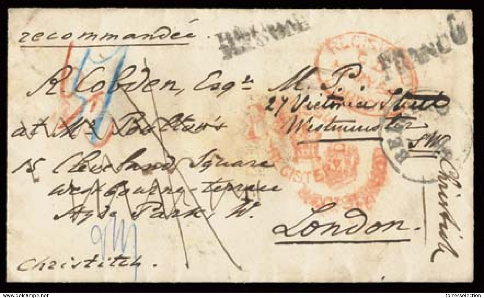 SERBIA. 1864 (May 3). Belgrade To London/UK. REGISTERED Mail/Austrian P.O. Stampless Envelope With Cds + Recom. + Franco - Serbie