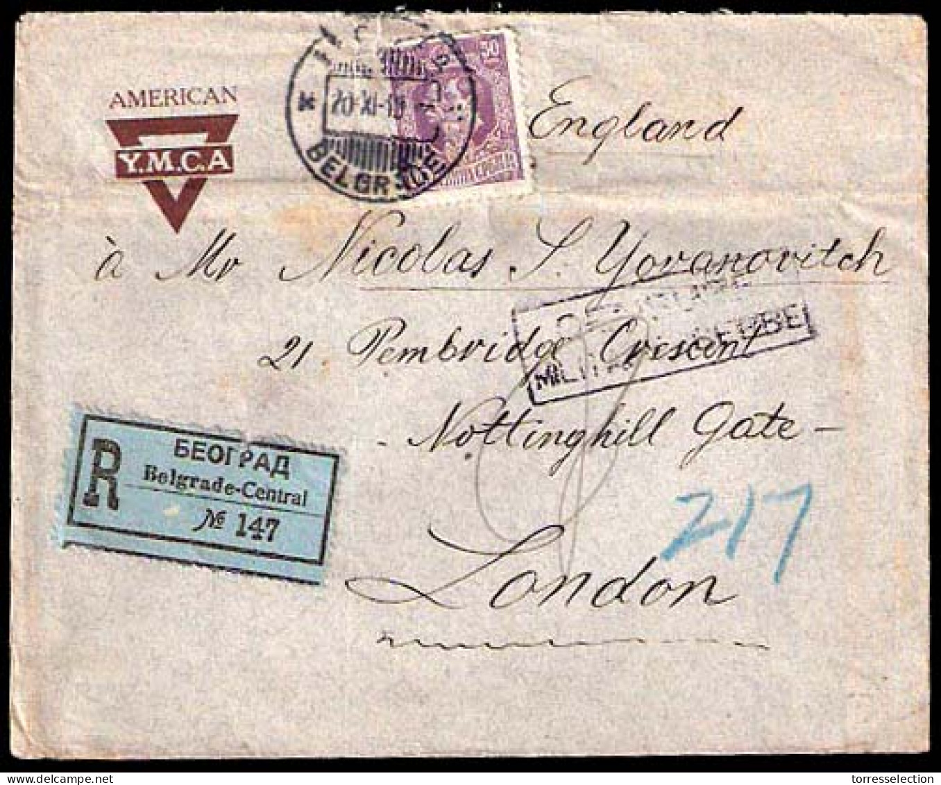 SERBIA. 1919 (Nov 20). Belgrade - UK. Registered Frkd YMCA Env. Censored. - Serbie