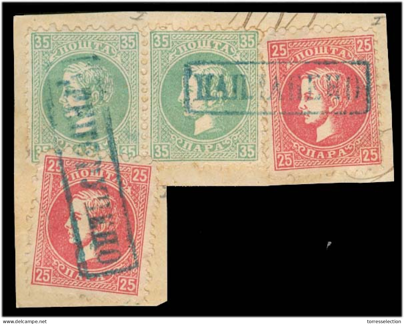 SERBIA. 1869. Yv 21 C (2), 22 C (2)º. First Print On Piece 25p X2 + 35p Pair, Tied Blue Box Stline Registered VF + Appea - Serbie