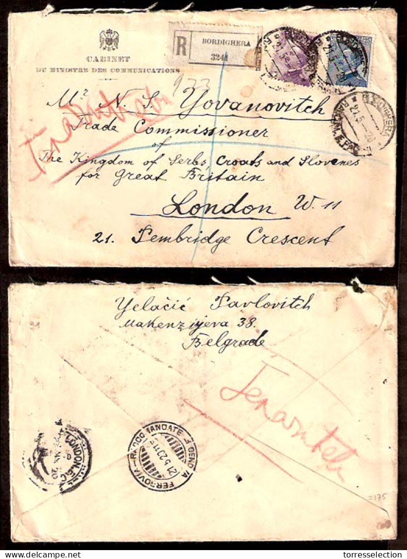 SERBIA. 1920 (May 21). Belgrade - UK. Serbia Official Government Printed Registr Env Frkd Italy Stamps, Cancelled Bordig - Serbie