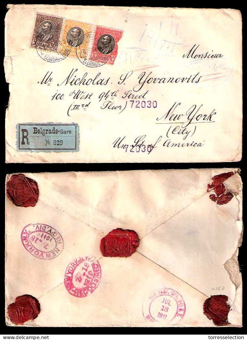 SERBIA. 1911. Belgrade - USA. Registered Tricolor Fkd Env. Scarce. - Serbie