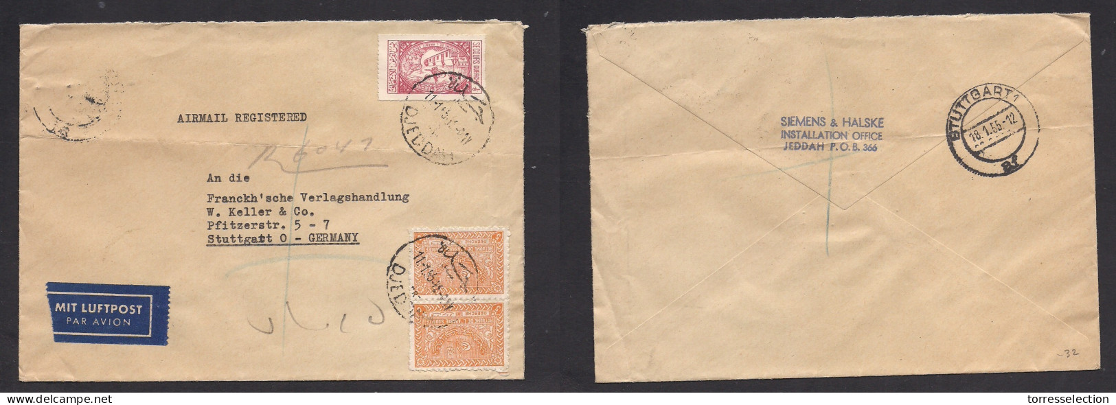 SAUDI ARABIA. 1955 (11 Jan) Djeddah - Stuttgart, Germany (18 Jan) Airmail Registered Multifkd Env. Fine. - Arabie Saoudite