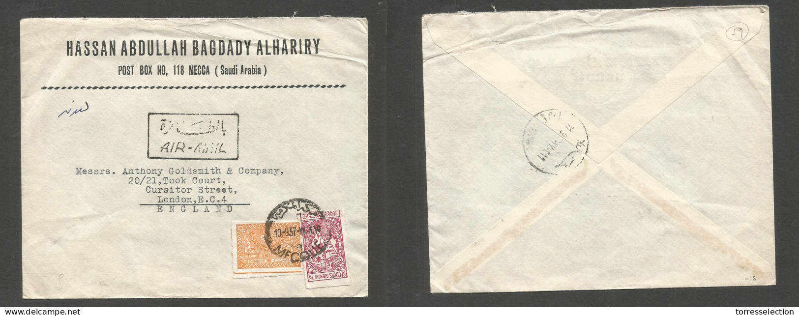 SAUDI ARABIA. 1957 (10 Sept) Mecque - London, England Via Jeddah (11 Sept) Comercial Multifkd Envelope, Tied Bilingual C - Arabie Saoudite