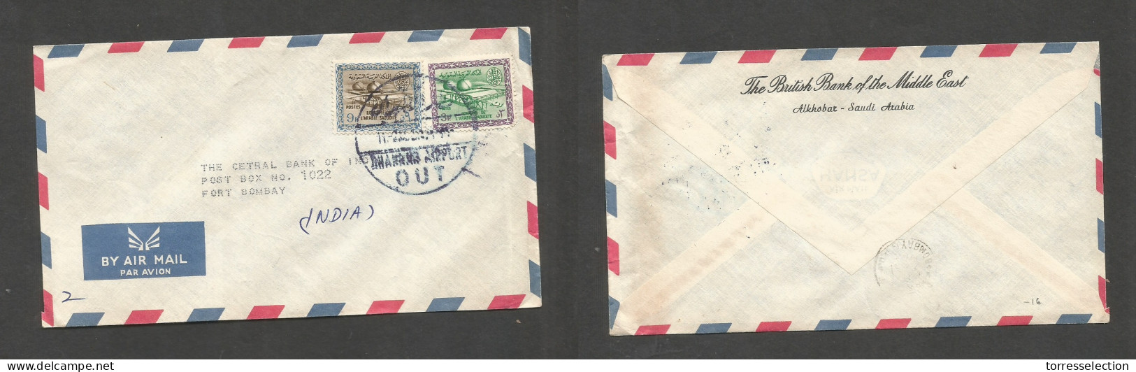 SAUDI ARABIA. C. 1964. Out - Bombay, India. Air Multifkd Env At 12p Rate, Blue Cds. VF. - Arabia Saudita