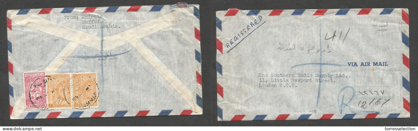 SAUDI ARABIA. C. 1957 (19 Nov) Huffuf - London, UK. Registered Air Reverse Multifkd Env, Tied Cds Mns R-cachet. Fine. - Saudi Arabia