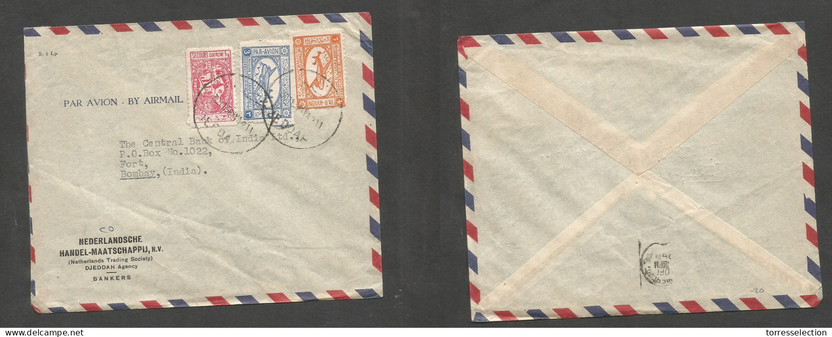 SAUDI ARABIA. 1958 (30 Nov) Jeddah - India, Bombay (Dec) Air Tricolor Multifkd Env. Comercial Usage. Fine. - Arabie Saoudite