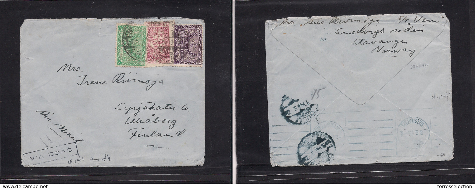 SAUDI ARABIA. 1963. Dahrain - Finland, Wiborg (8-9 June) Tricolor Multifkd Env Via "BOAC" Cachet (OAT Ex). Interesting A - Saudi Arabia