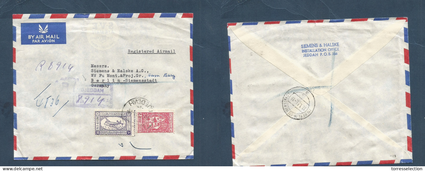 SAUDI ARABIA. 1956 (13 Jan) Jeddah - Germany, Berlin (16 Jan) Air Registered Multifkd Env. Fine. - Arabie Saoudite