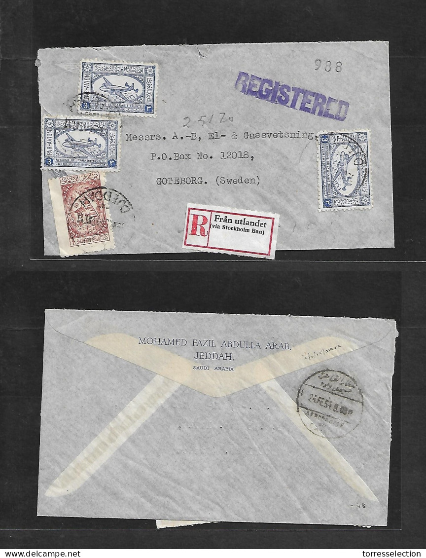 SAUDI ARABIA. 1954 (19 Feb) Djeddah - Sweden, Gotheburg (24 Feb) Registered Air Multifkd Env. Scarce Stamps Combination  - Saudi Arabia