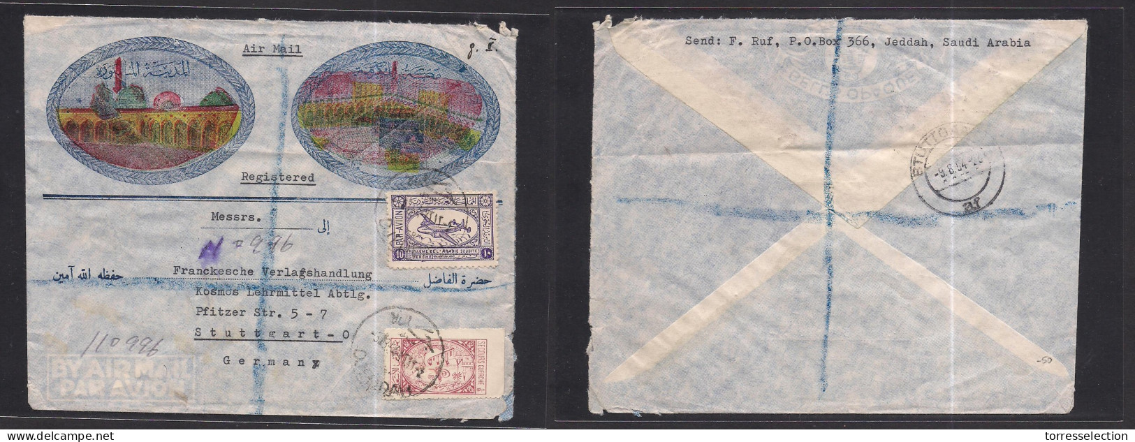 SAUDI ARABIA. 1954 (3 Aug) Djeddah - Germany, Stuttgaart (9 Aug) Mosque Color Illustrated Env. Registered Multifkd Env.  - Saudi Arabia