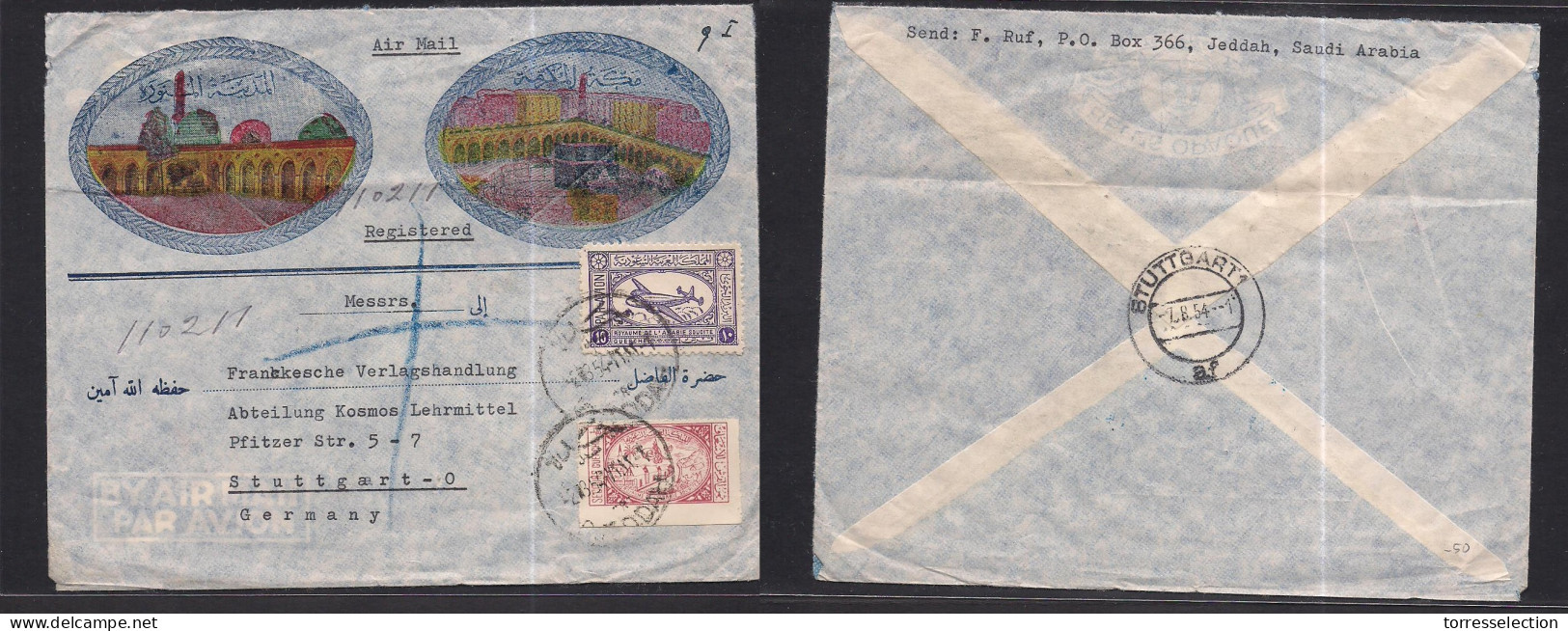 SAUDI ARABIA. 1954 (2 Aug) Djeddah - Germany, Stuttgart (7 Aug) Moisque Color Illustrated Registered Multifkd Env. - Saudi Arabia