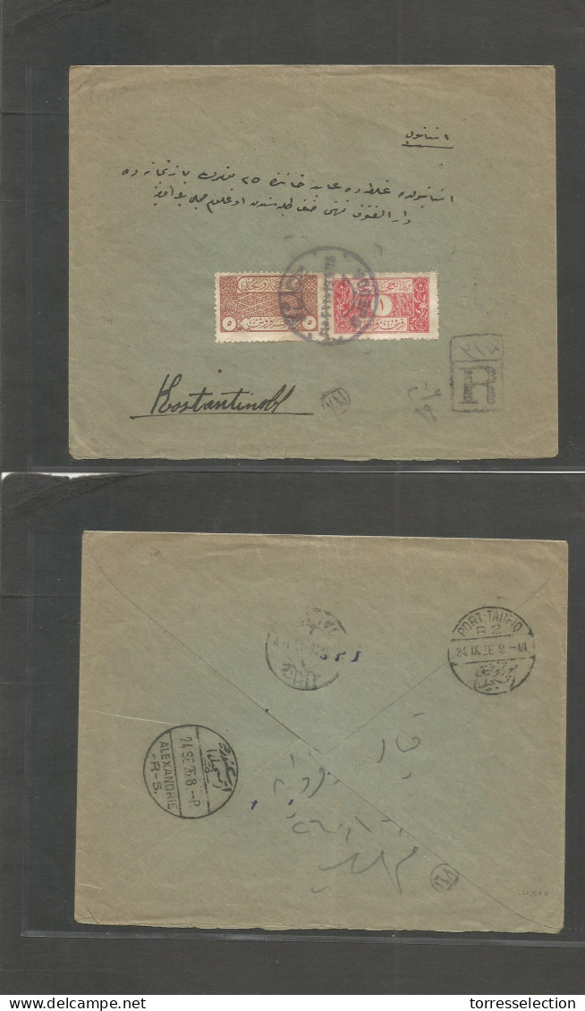 SAUDI ARABIA. 1926 (19 Sep) Djedda - Turkey, Constantinople (8 Oct 26) Registered Multifkd On Front Of Full Cover, Blue  - Saudi Arabia