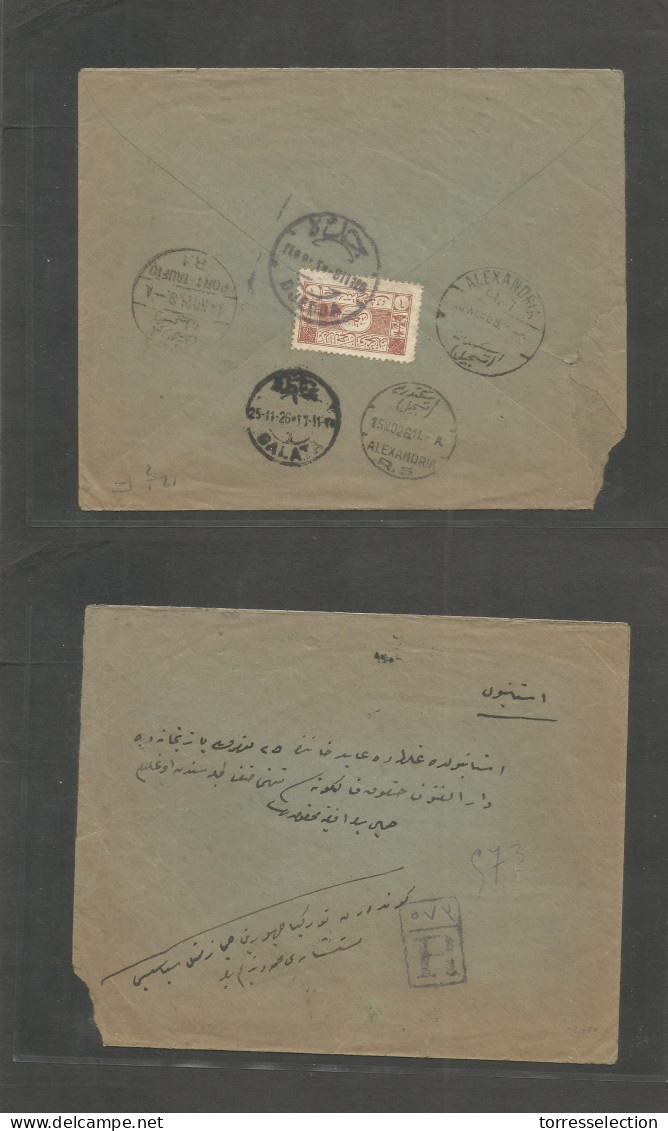 SAUDI ARABIA. 1926 (8 Nov) Djedda - Turkey, Galata (25 Nov) Reverse Registered Single Fkd Brown Stamp, Tied Depart Bilin - Saudi Arabia