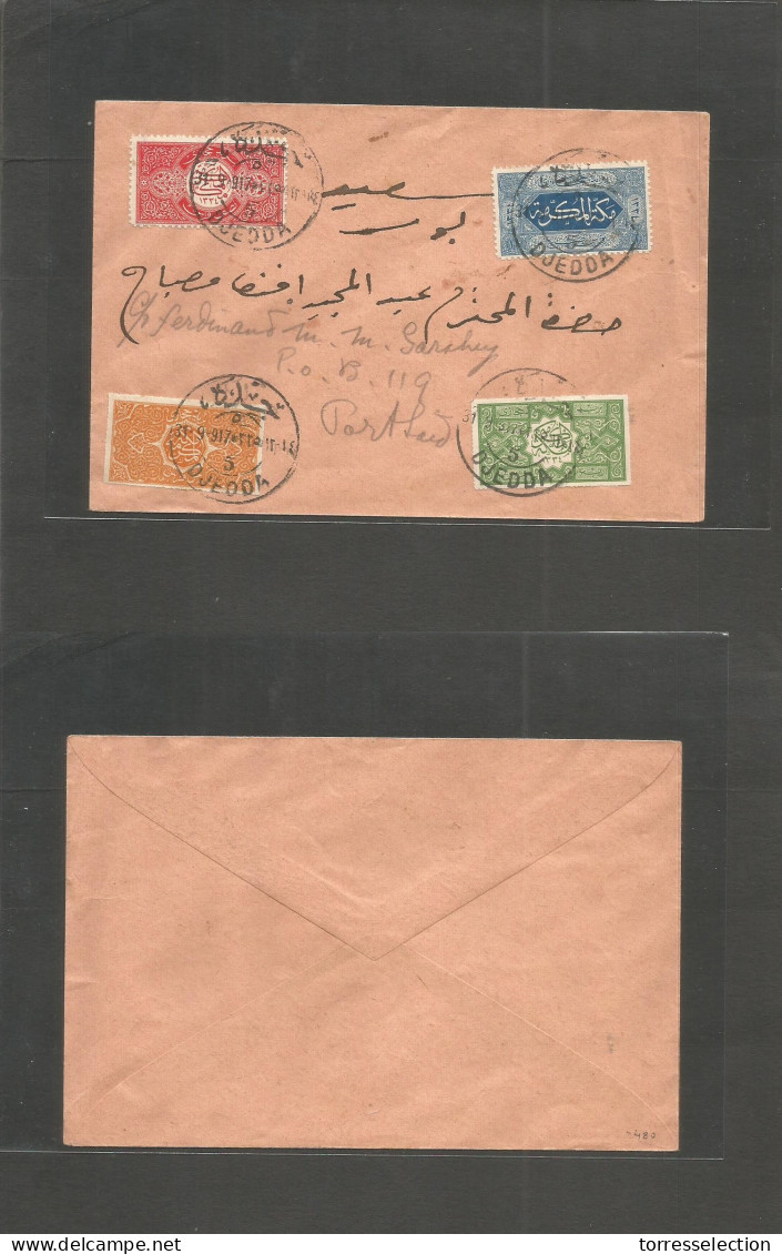 SAUDI ARABIA. 1917 (31 Sept) Djedda - Port Said, Egypt. Multifkd Cover Stamps Imperf Diff Perforations + Perces, Tied Bi - Saudi Arabia