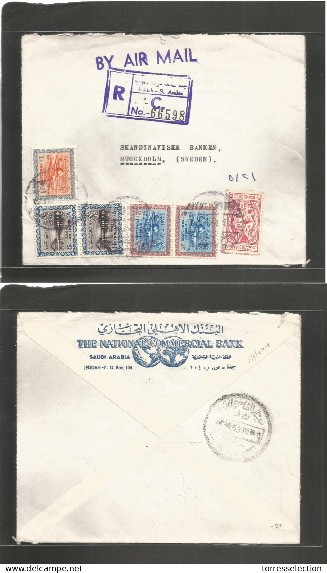 SAUDI ARABIA. 1963. Jeddah - Sweden, Stockholm. Registered Air Multifkd Usage, Incl Former Mixed Issue. Fine. - Saudi Arabia