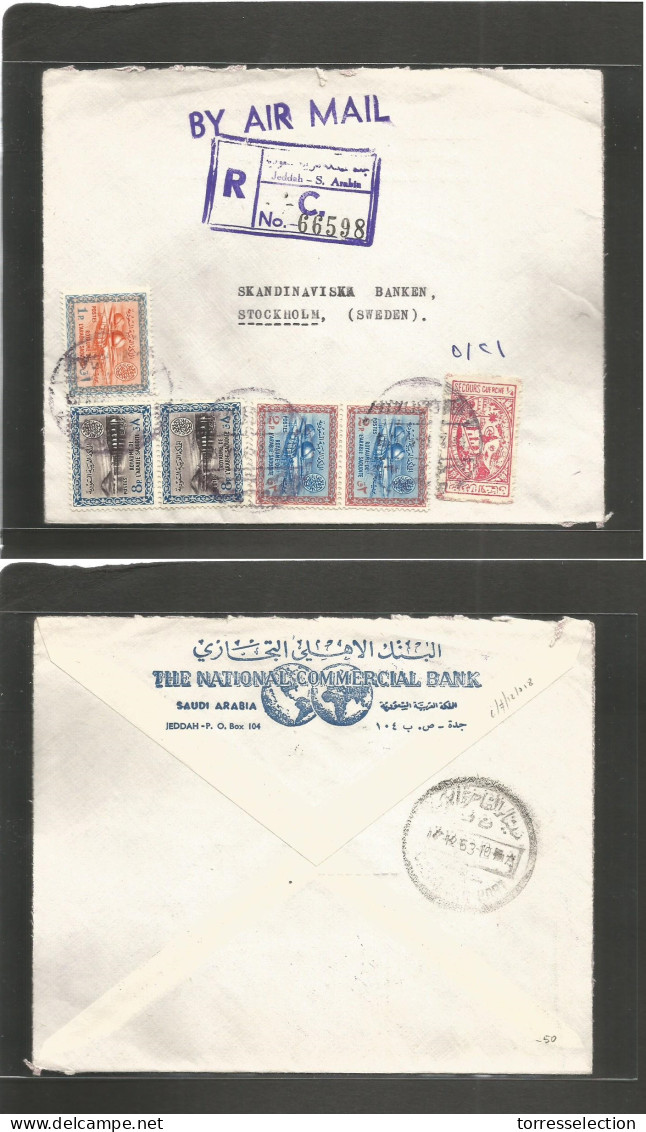 SAUDI ARABIA. 1963. Jeddah - Sweden, Stockholm. Registered Air Multifkd Usage, Incl Former Mixed Issue. Fine. - Arabia Saudita