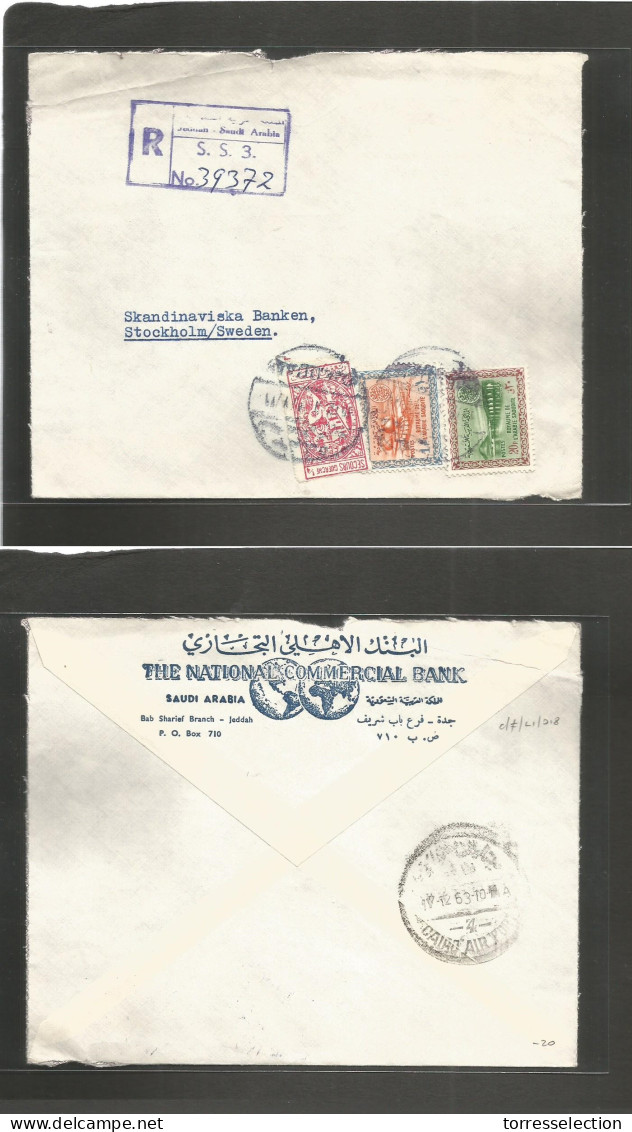 SAUDI ARABIA. 1963. Jeddah, SS3 - Sweden, Stockholm. Via Cairo. Registered Multifkd Envelope. Fine. - Saudi Arabia