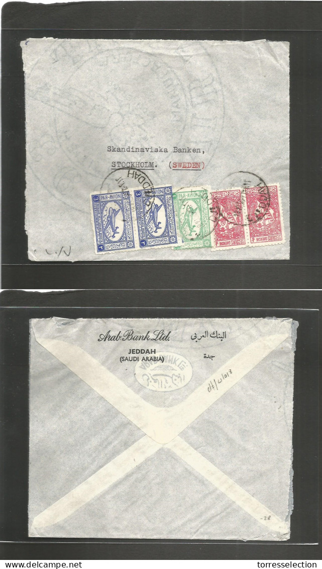 SAUDI ARABIA. 1956 (18 Jan) Dyeddah - Sweden, Stockholm. Air Multifkd Envelope With Unusual Combination Of Stamps Values - Saudi Arabia