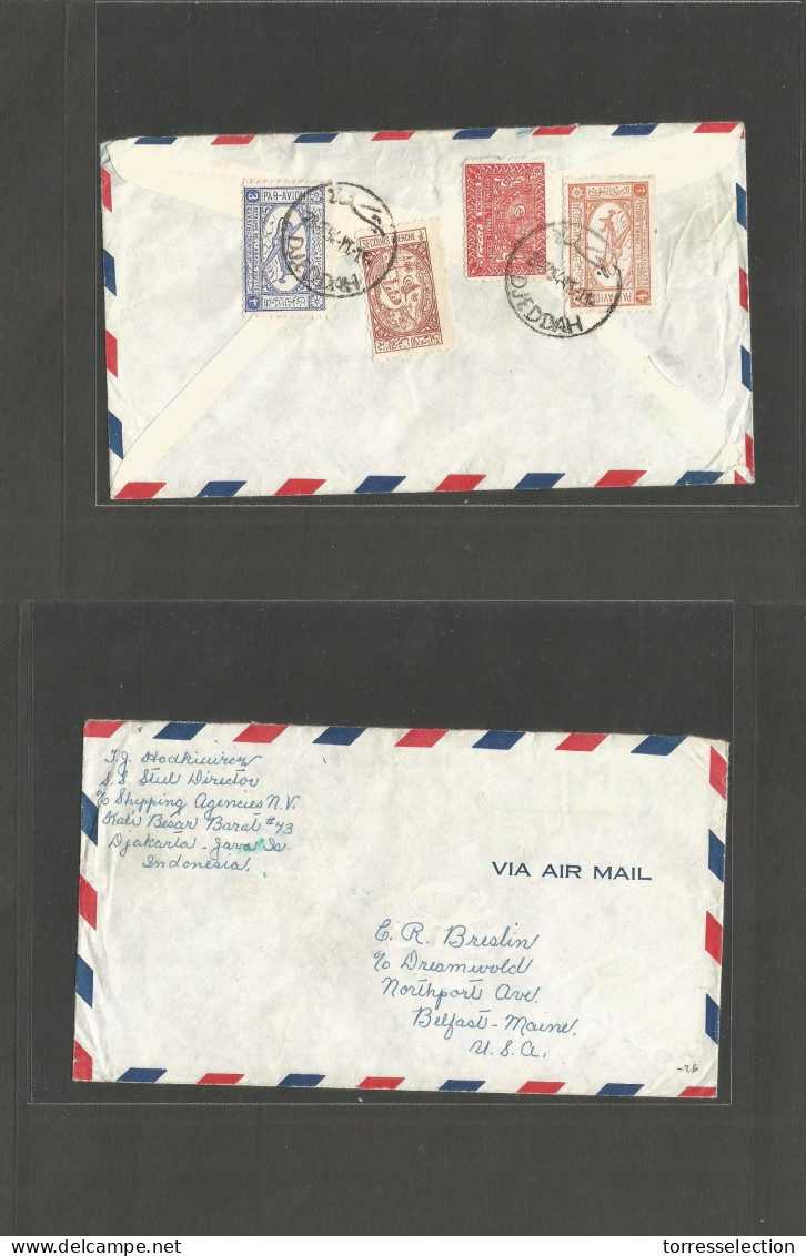 SAUDI ARABIA. 1954 (23 Febr) Djeddah - USA, Belfast, Maine. Reverse Air Multifkd Envelope, Mixed Issues. Fine Cds Cachet - Saudi Arabia