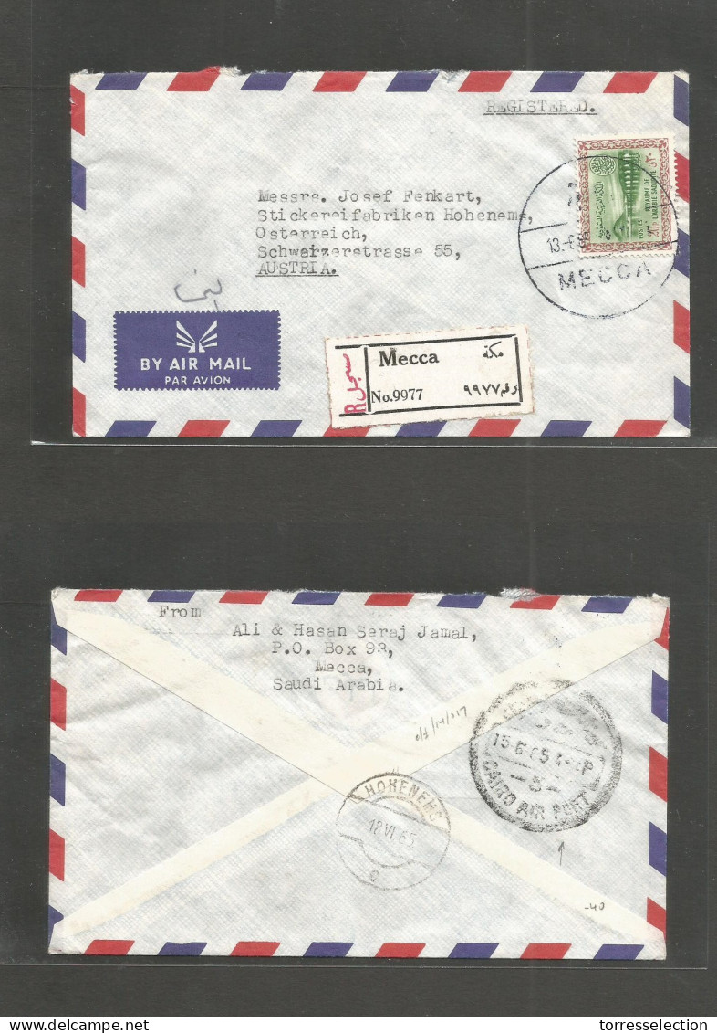 SAUDI ARABIA. 1965 (13 June) Mecca - Austria, Hokenems (18 June) Registered Air Single Fkd Env + R Label. Fine. Via Cair - Saudi Arabia