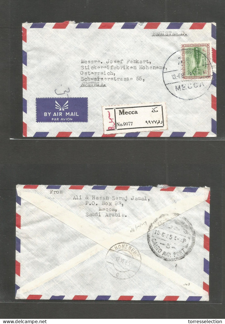 SAUDI ARABIA. 1965 (13 June) Mecca - Austria, Hokenems (18 June) Registered Air Single Fkd Env + R Label. Fine. Via Cair - Arabia Saudita