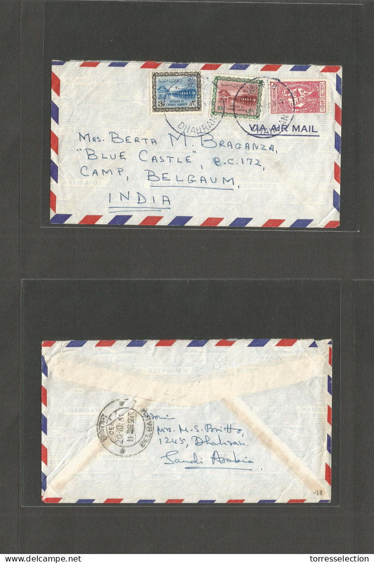 SAUDI ARABIA. 1961 (17 Oct) Dharan - India, Belgaum Camp. Air Multifkd Envelope Incl Tax Stamp, Violet Depart Cachet. Fk - Saudi Arabia