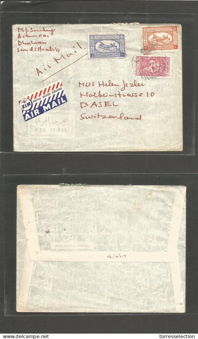 SAUDI ARABIA. C. 1950s. Dharan - Switzerland, Basel. Air KLM Tricolor Early Label. Multifkd Bilingual Cachet. - Saudi Arabia