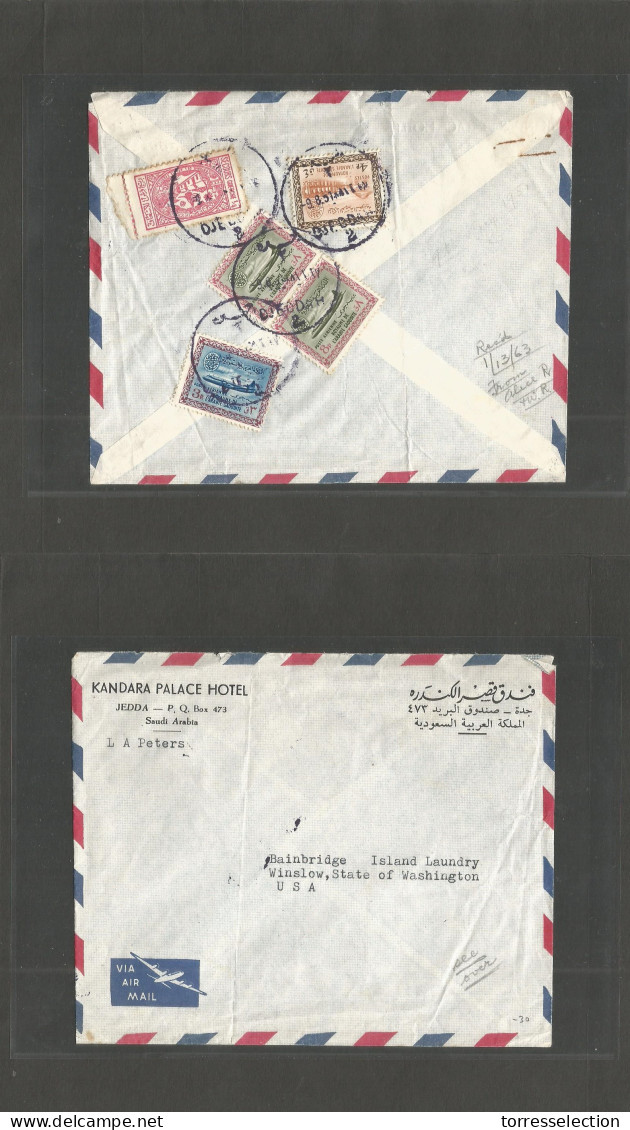 SAUDI ARABIA. 1951 (9 Aug) Djeddah - USA, Winslow, Washington State. Comercial Hotel. Reverse Multifkd Airmail Envelope, - Saudi Arabia